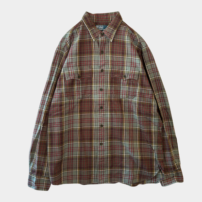 00's Polo ラルフローレン マチ付きチェックシャツ グレー赤(L)/A7923SH-SO