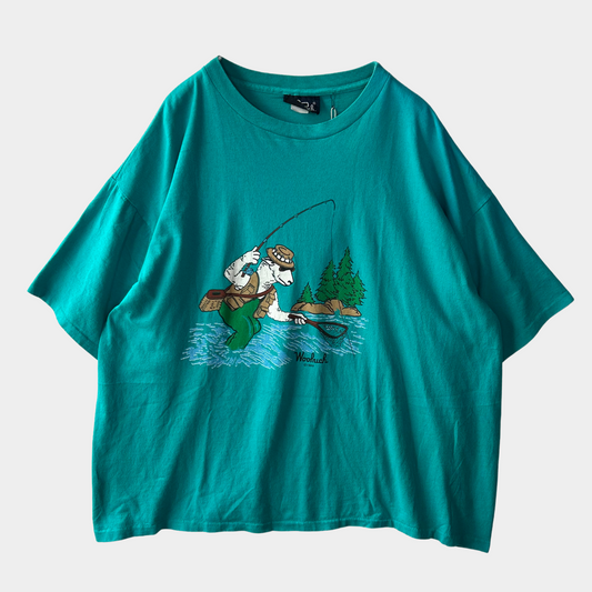 80's Woolrich ウールリッチ プリントTシャツ アウトドア 青緑(XL)/B1965T-SO