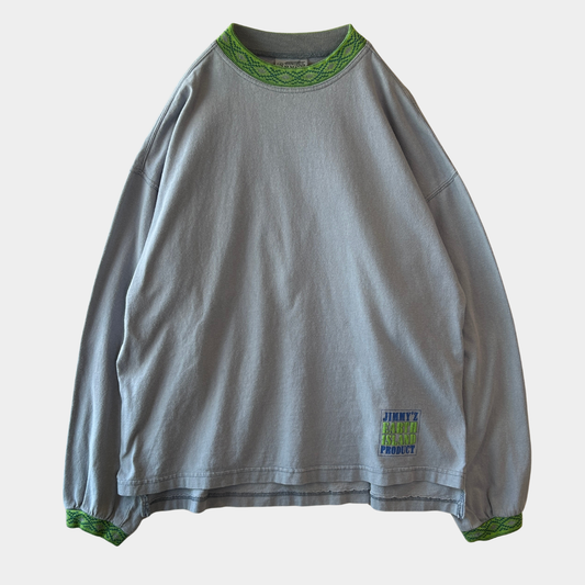 80's Jimmy'z ジミーズ ネイティブ柄切り替え モックネックTシャツ ロンT グレー オールドサーフ スケート /C1078T-SO