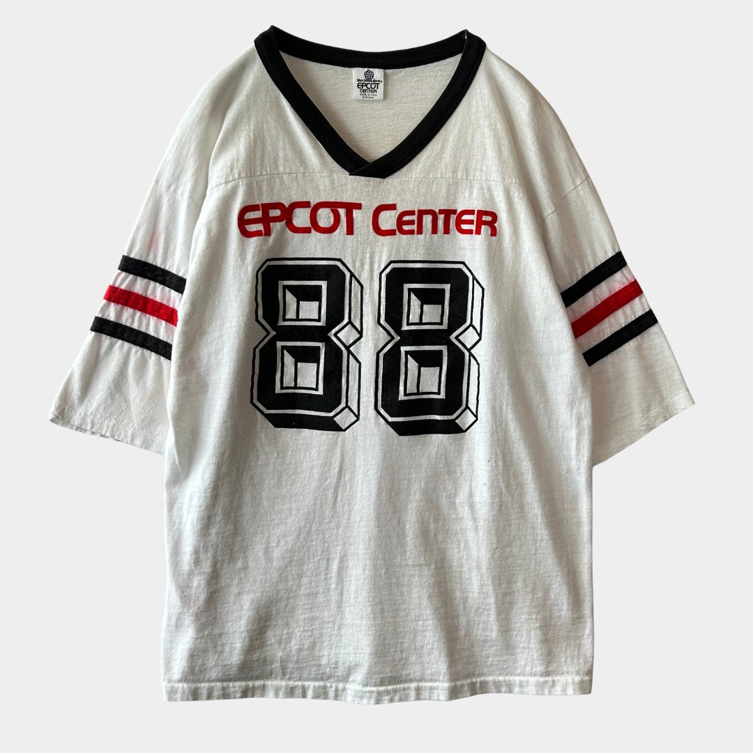 80's Walt Disney World EPCOT CENTER フロッキープリント フットボールTシャツ (XL)/A7626T-SO