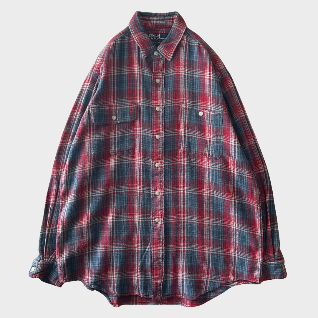 90's~ Polo by Ralph Lauren ラルフローレン Dungaree Work shirt チェック ネルシャツ 赤青系白 (L)/B2954S-SO