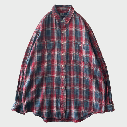 90's~ Polo by Ralph Lauren ラルフローレン Dungaree Work shirt チェック ネルシャツ 赤青系白 (L)/B2954S-SO