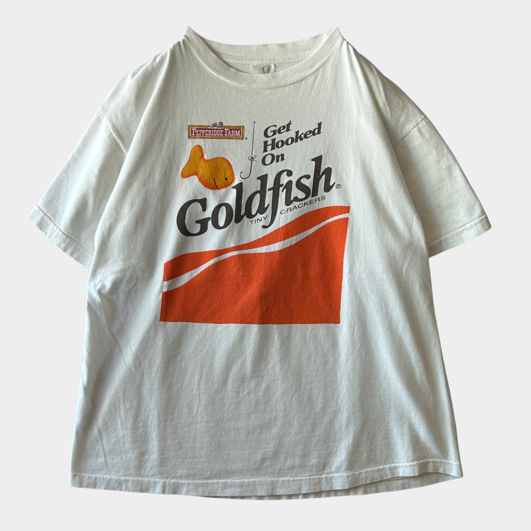 90's Gold Fish pepperidge Farm お菓子 魚 企業Tシャツ 白 (サイズ不明)/C0786T-SO