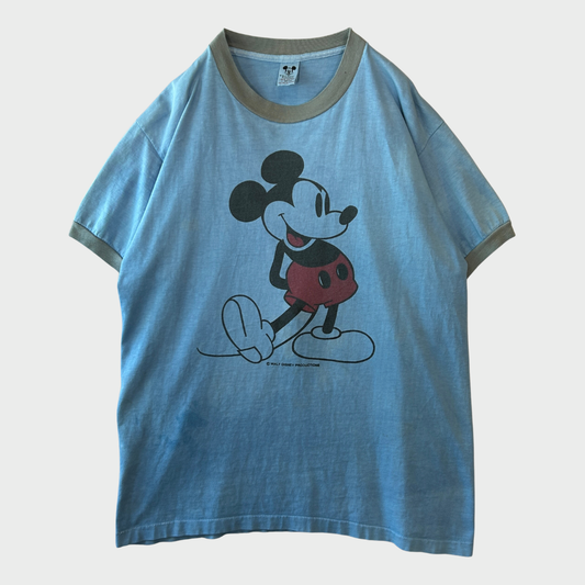 80's "Disney" ディズニー Mickey Mouse リンガーTシャツ 水色/グレー (L)/B3698T-SO