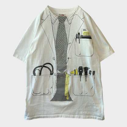 90's Hanes ヘインズ Leslie Arwin 医師 ドクター 白衣 騙し絵プリントTシャツ 白 (L)/B3694