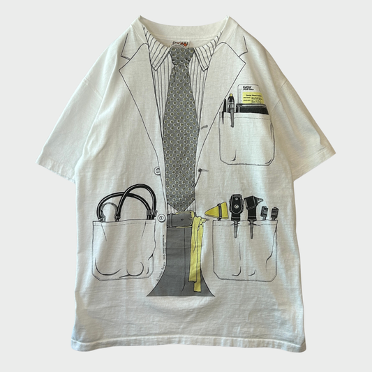 90's Hanes ヘインズ Leslie Arwin 医師 ドクター 白衣 騙し絵プリントTシャツ 白 (L)/B3694