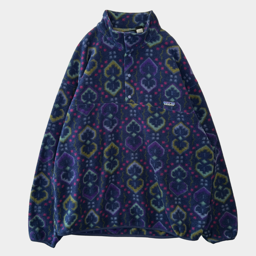 90's Patagonia パタゴニア スナップT タペストリー　総柄フリース インクブルー USA製(XL)/A0759F-SO