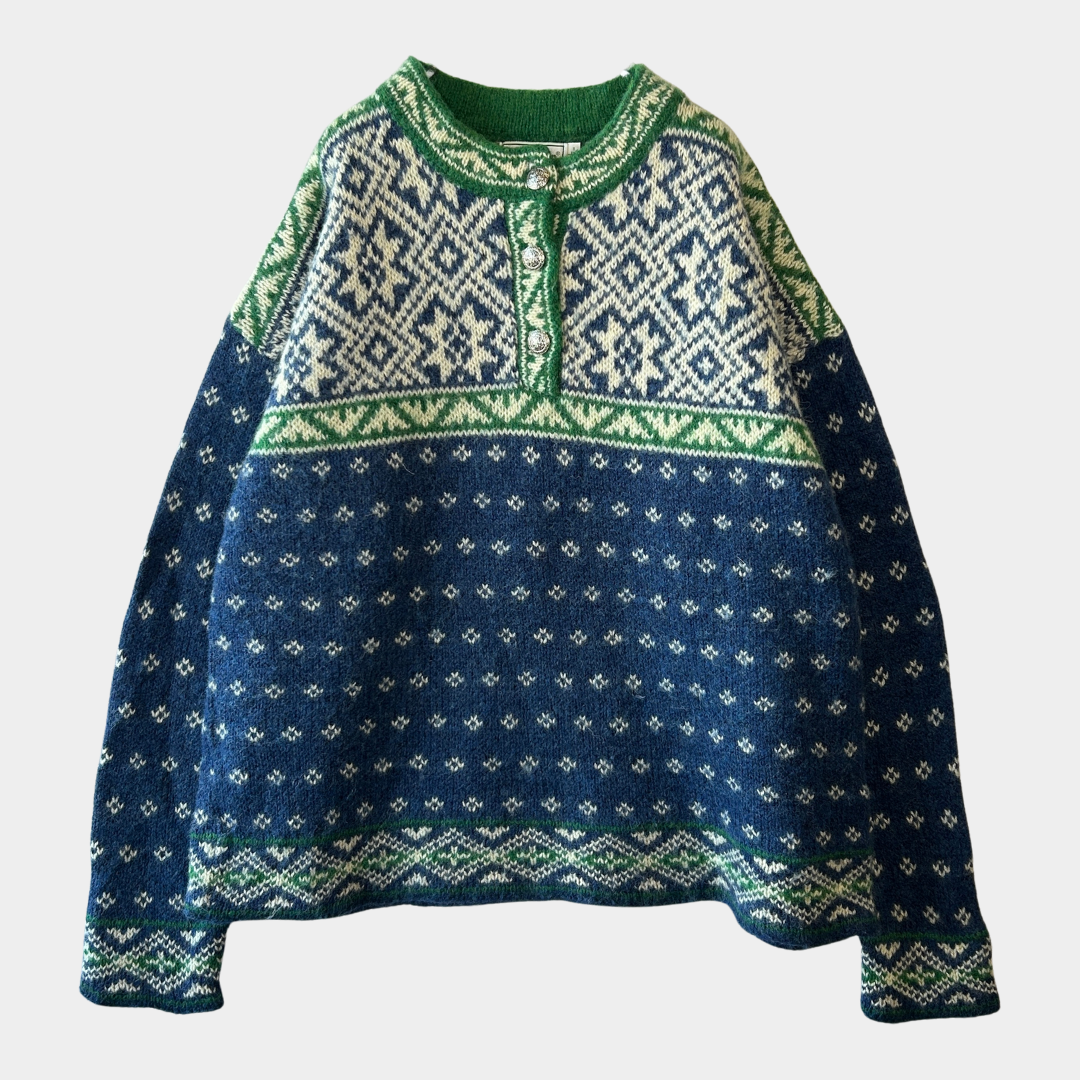 90's L.L.Bean エルエルビーン ノルディック柄　コンチョボタンヘンリーネックニット 青緑(L)/A8673K-SO