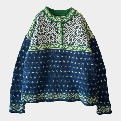 90's L.L.Bean エルエルビーン ノルディック柄　コンチョボタンヘンリーネックニット 青緑(L)/A8673K-SO