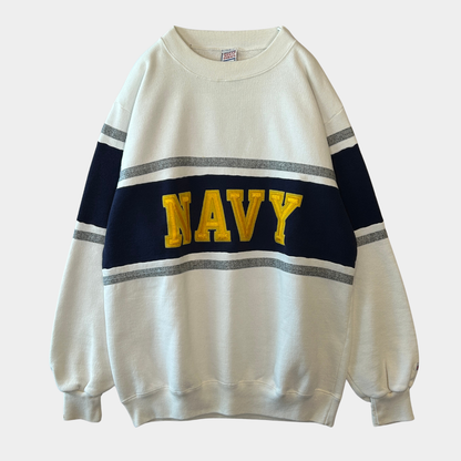 90's SOFEE USNAVY 刺繍ロゴラインスウェット 白紺(L)/B2355S-SO