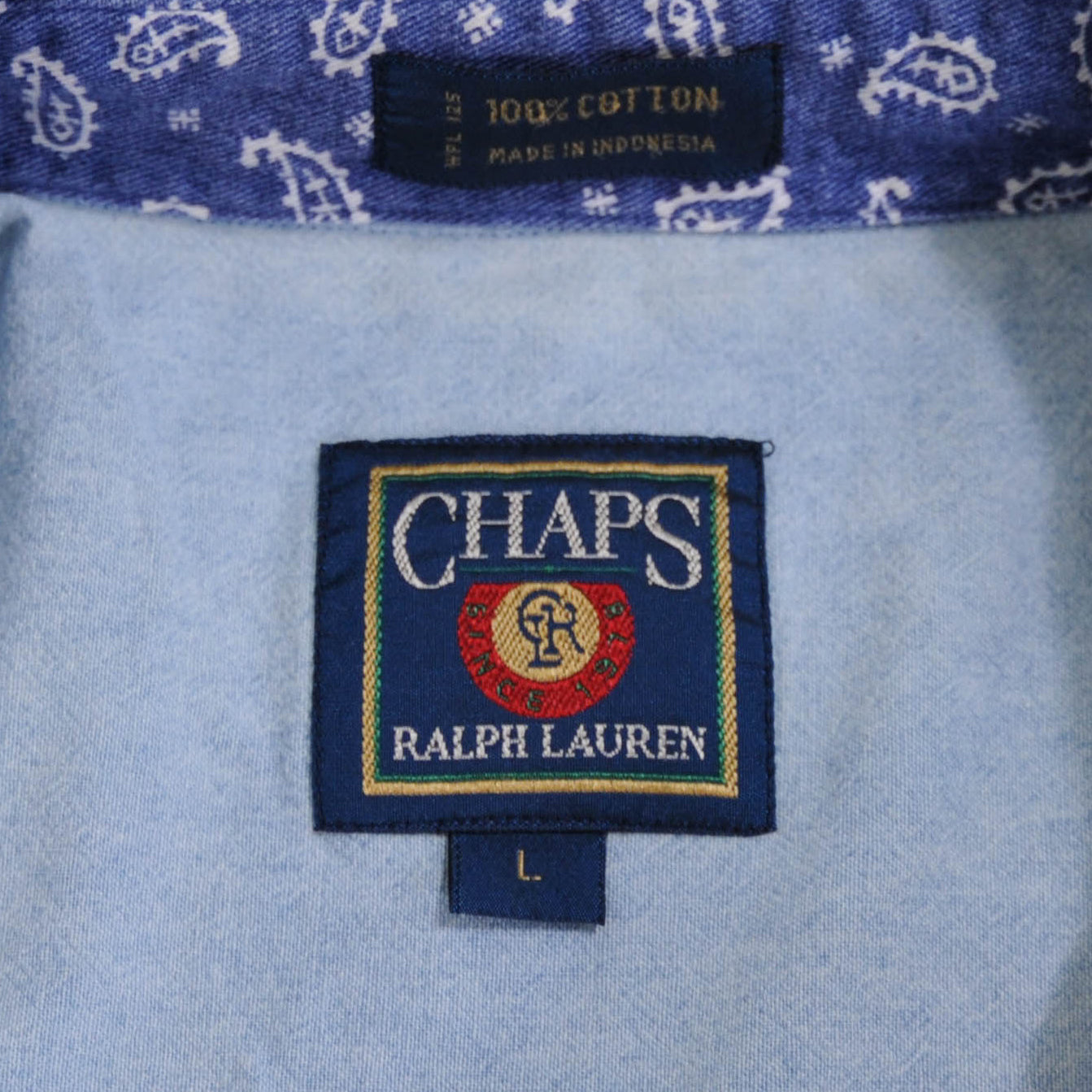 80's CHAPS RALPH LAUREN  S/S 太ストライプシャツ 青白(L)/A3744SH-SO