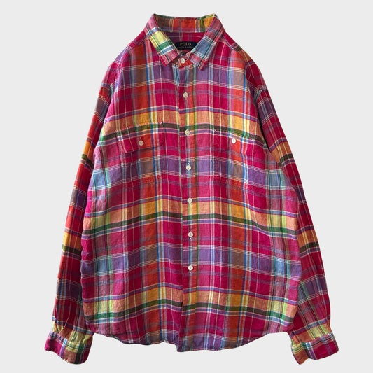 00's Ralph Lauren ラルフローレン マドラスチェック柄 リネンシャツ ピンク (XL) C1277SH-SO