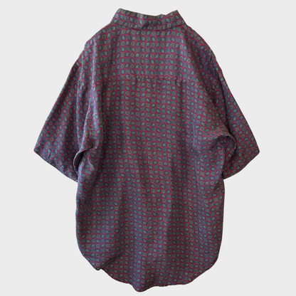 ９0's All Silks 100%シルク 半袖シャツ 総柄 赤紺 (M)/A7511S-SO
