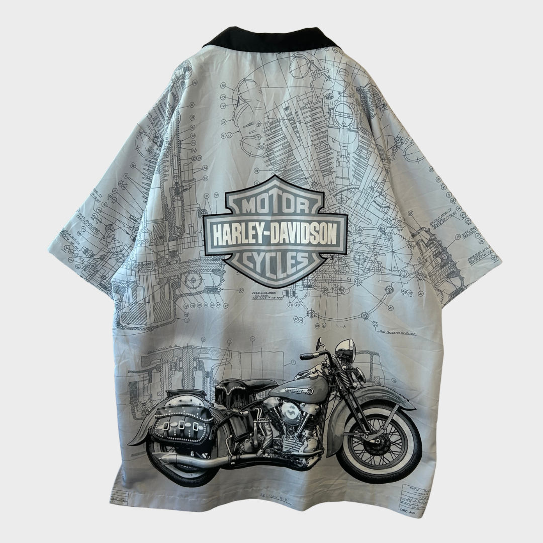 90's  HAREY-DAVIDSON  オールプリント  オープンカラーシャツ グレー XL /B2477S-SO