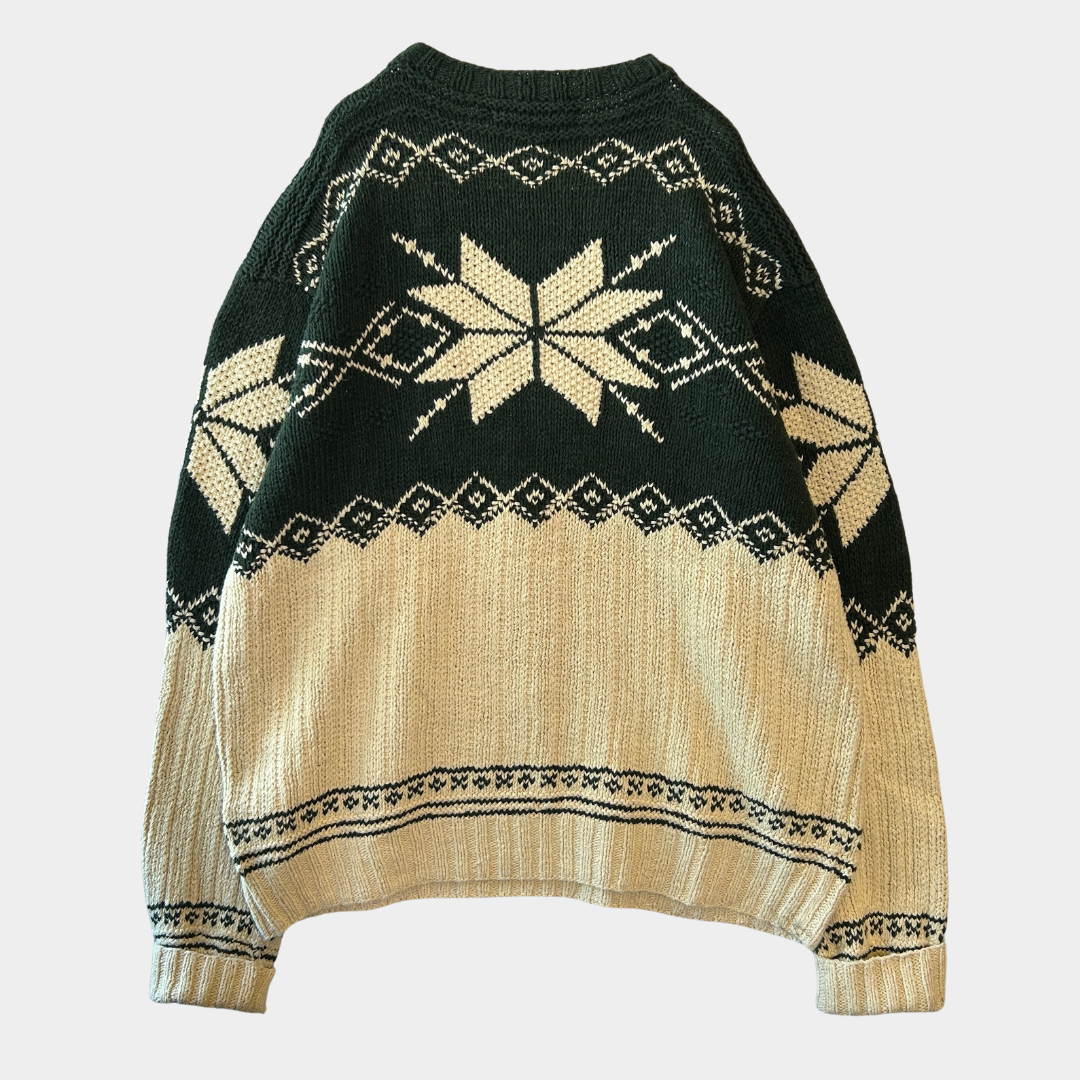 90's Polo ラルフローレン"HAND KNIT"ノルディック柄 コットン/リネンニット グリーン/ベージュ(L)/B1728K-SO