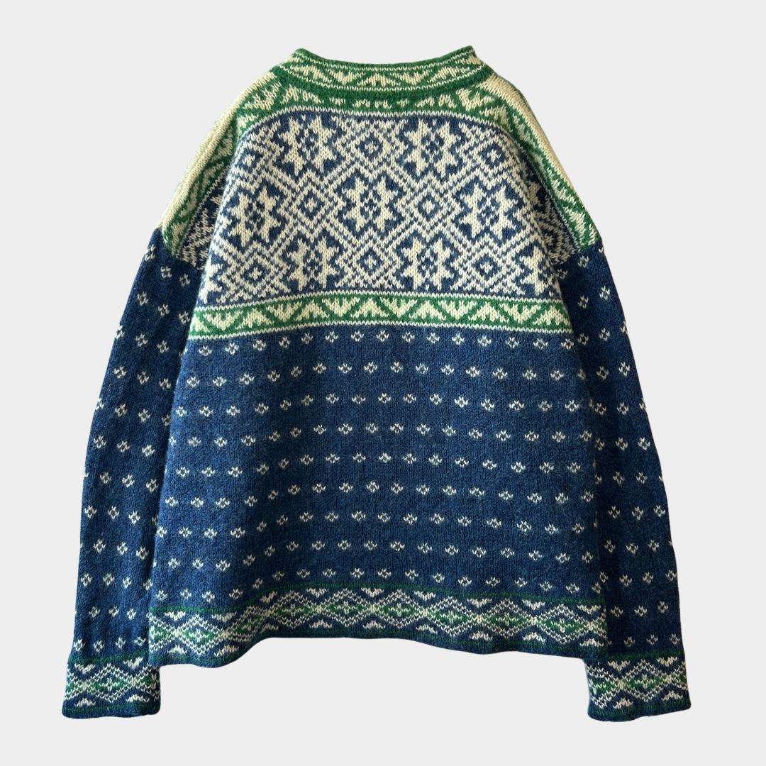 90's L.L.Bean エルエルビーン ノルディック柄　コンチョボタンヘンリーネックニット 青緑(L)/A8673K-SO