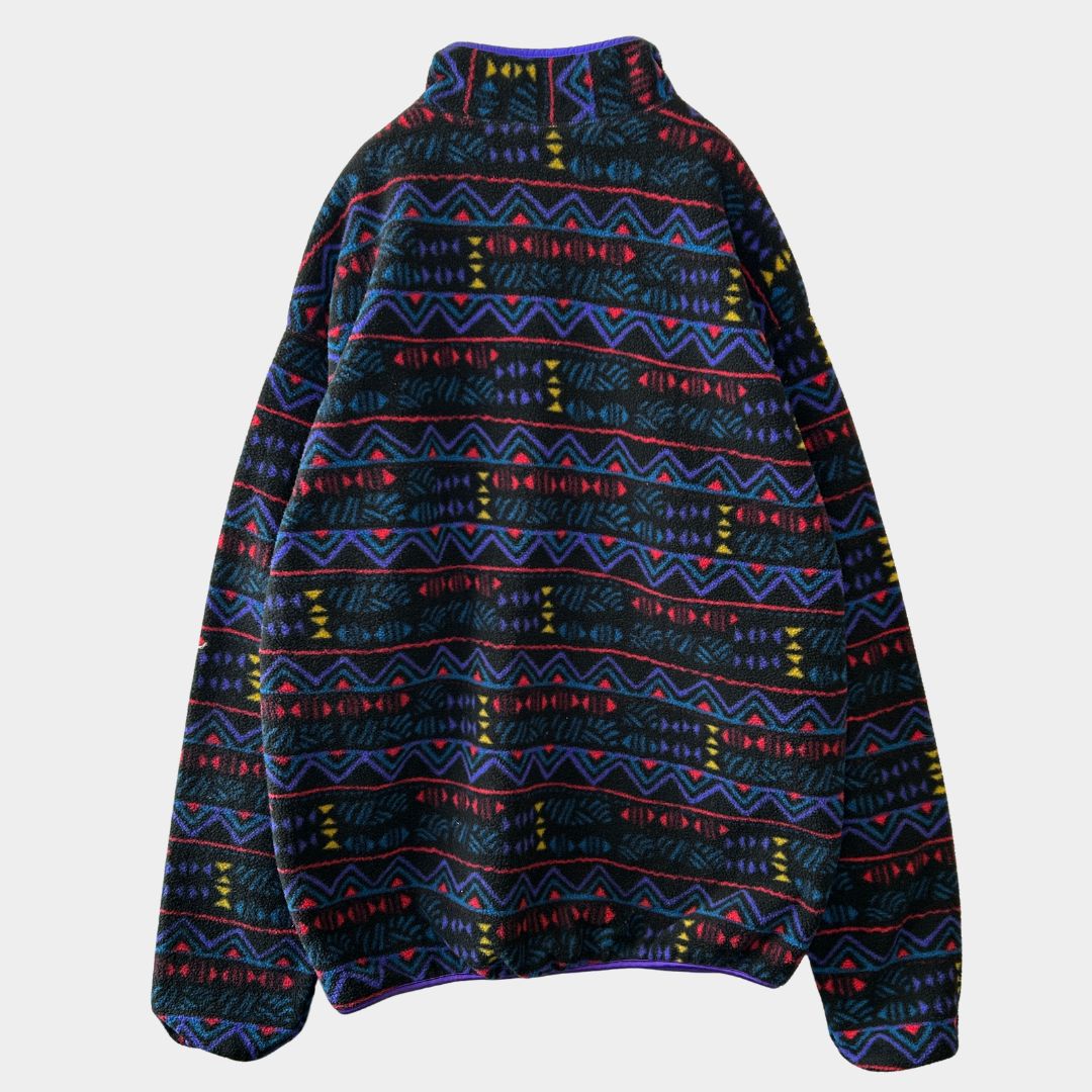 90's Columbia コロンビア 総柄フリースプルオーバー スナップT USA製 黒(XL)/9050O-SO