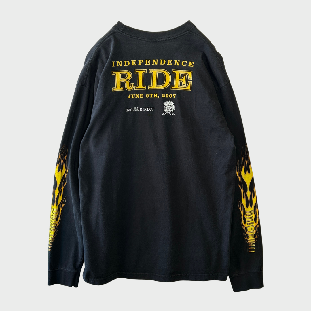 00's  HAREY-DAVIDSON ファイヤーパターン 袖プリント ロンT 黒 (XL) /B3246T-SO
