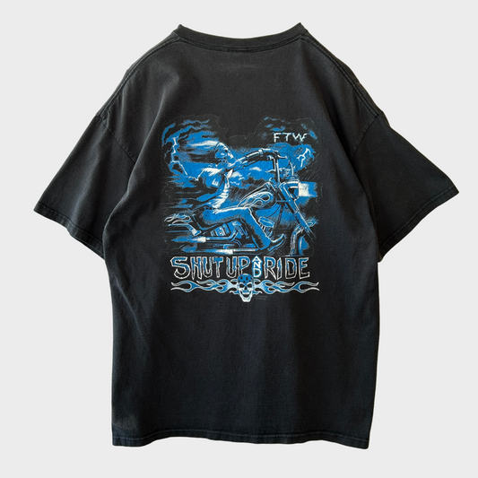 00's DELTA SHUT UP AND RIDE Ocean City Liquid Blue ストームライダー プリントTシャツ 黒 (XL)/B2521T-SO