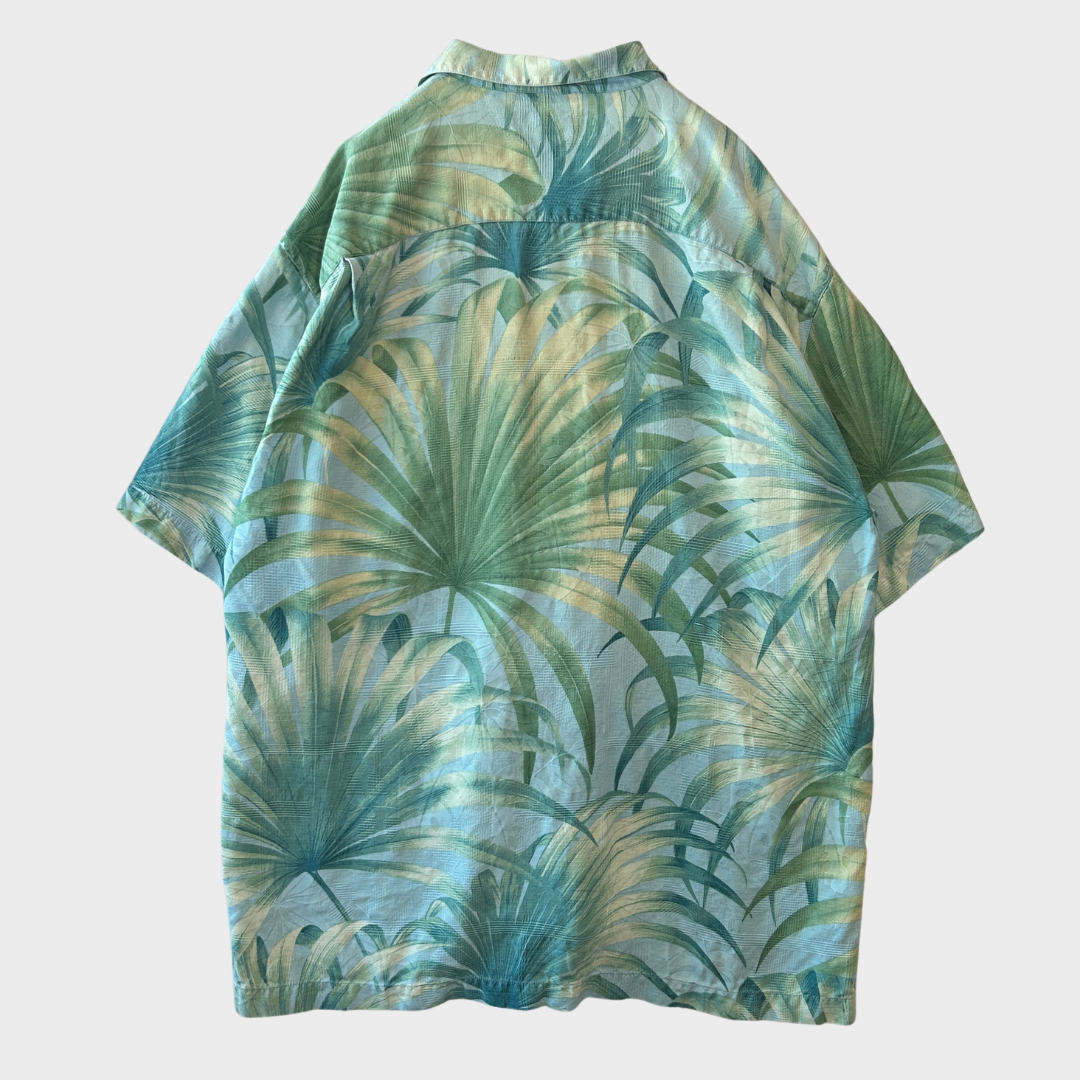 Tommy Bahama ボタニカル柄 シルク オープンカラー アロハシャツ 水色 (L)/B3682SH-SO