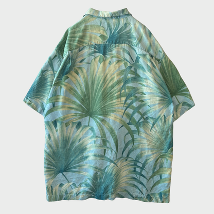Tommy Bahama ボタニカル柄 シルク オープンカラー アロハシャツ 水色 (L)/B3682SH-SO