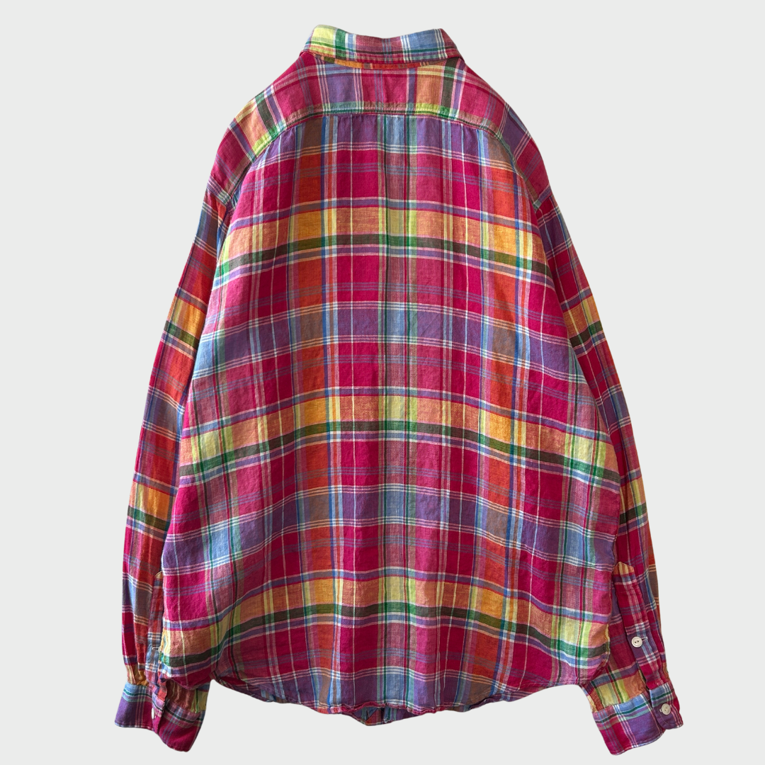 00's Ralph Lauren ラルフローレン マドラスチェック柄 リネンシャツ ピンク (XL) C1277SH-SO