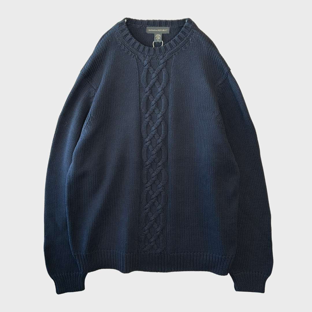 00's BANANA REPUBLIC アラン模様 コットンニット 紺 (XL)/A1114K-SO