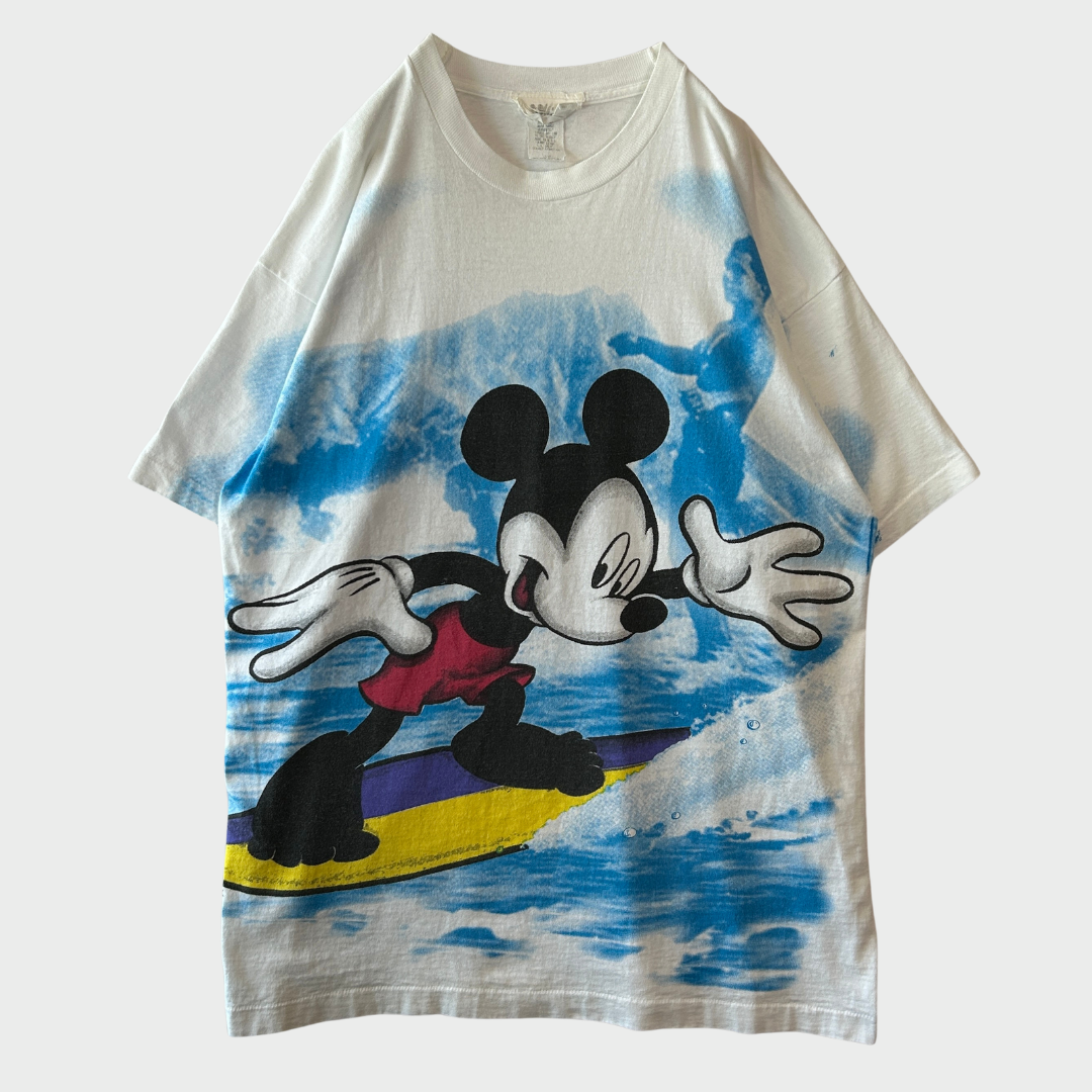 90's Disney ディズニー ミッキーマウス サーフィン オールオーバープリント Tシャツ 白 ワンサイズ B3093T-SO