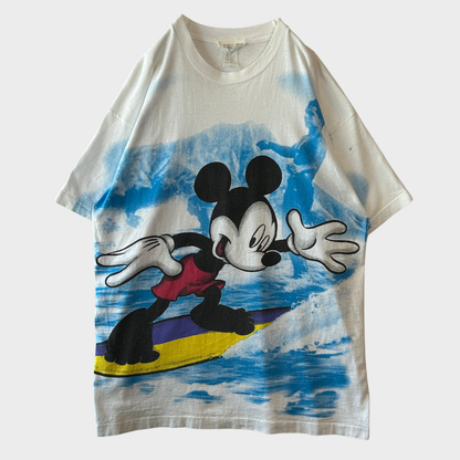 90's Disney ディズニー ミッキーマウス サーフィン オールオーバープリント Tシャツ 白 ワンサイズ B3093T-SO