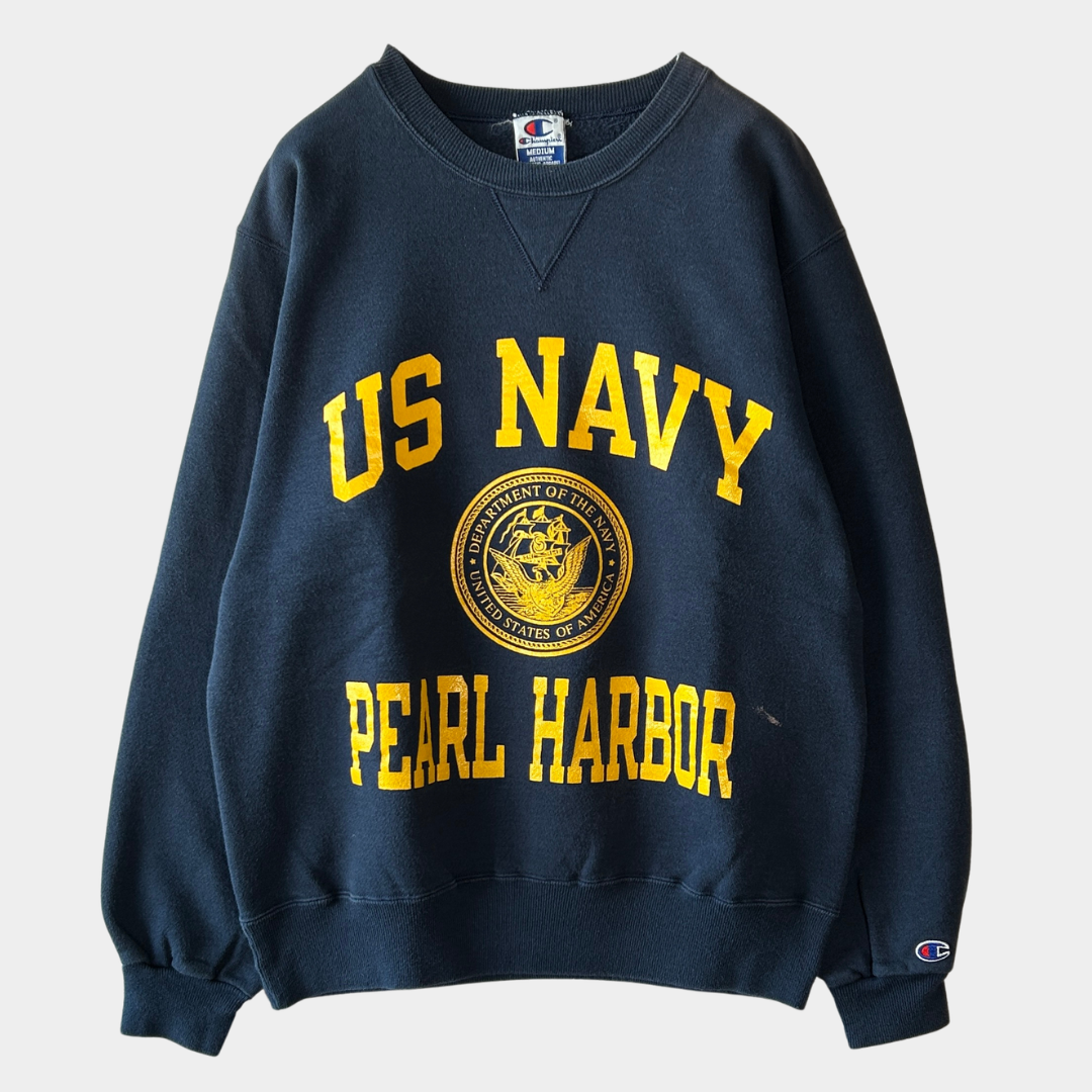90~00's Champion 米軍 U.S.NAVY 海軍 ”PEARL HARBOR" スウェットシャツ 紺 (M)/B5913S-SO