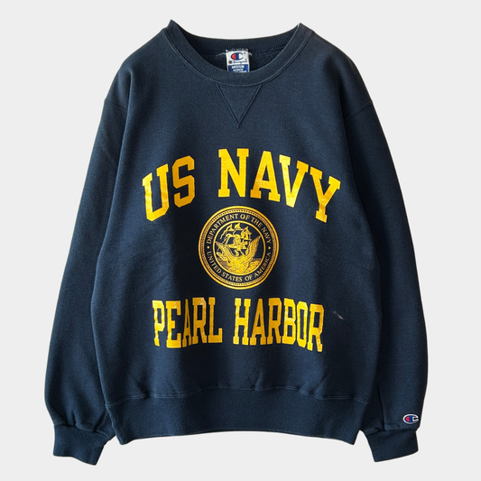 90~00's Champion 米軍 U.S.NAVY 海軍 ”PEARL HARBOR" スウェットシャツ 紺 (M)/B5913S-SO