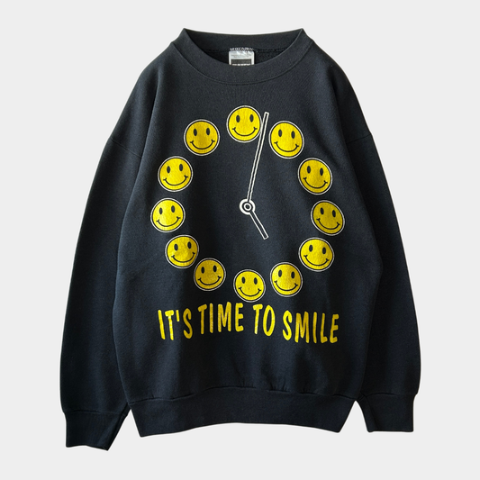 90's~ Tultex "It's time to smile" スマイリーフェイス スウェットシャツ 黒 (L)/B2323S-SO