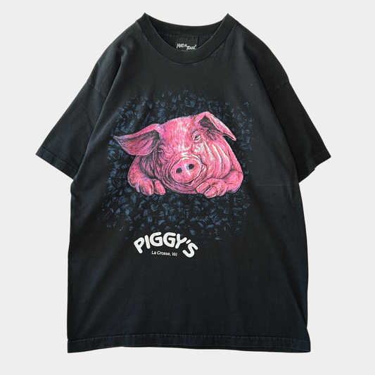 90's Marlin tease レストラン Piggy's アニマルプリントTシャツ 黒 (XL)/B2725T-SO