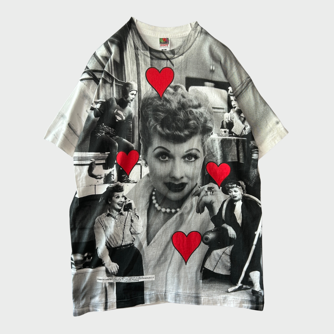 90's Fruit of the loom製 I love Lucy "Lucille Ball" 総柄Tシャツ (XXL)/A7586T-SO