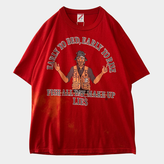 80's Jerzees  プリントTシャツ メッセージ 釣り人 赤(L)/C0706T-SO