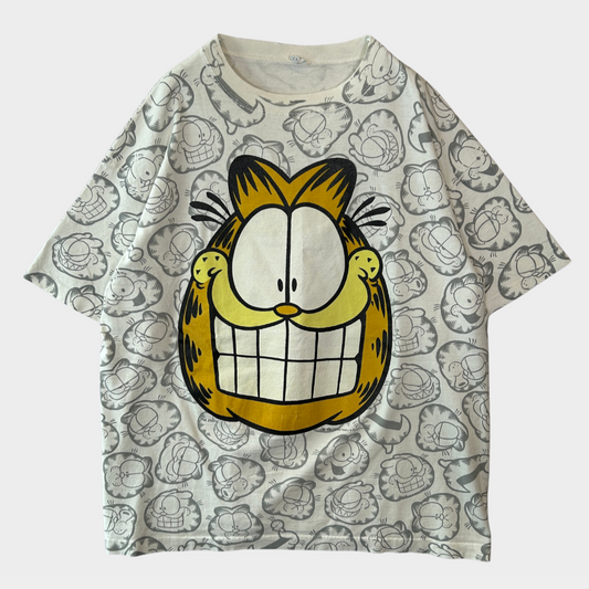 90's  SUN SPORTS WEAR ガーフィールド ビッグプリント 総柄 Tシャツ 白 BIGGER/B2077