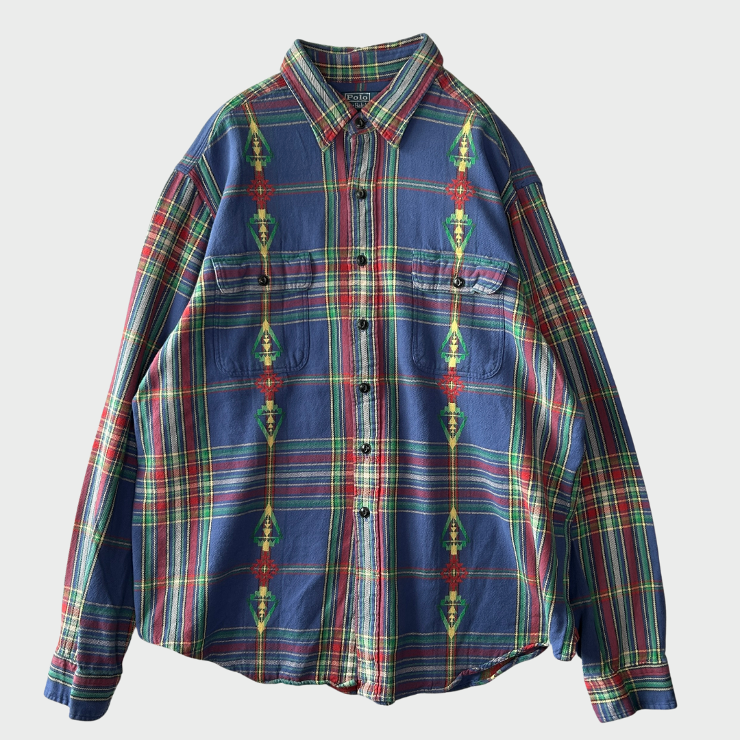 00's Polo Ralph Lauren ラルフローレン チェック ネイティブ柄シャツ 青赤緑黄 (XXL)/A1165SH-SO