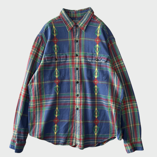 00's Polo Ralph Lauren ラルフローレン チェック ネイティブ柄シャツ 青赤緑黄 (XXL)/A1165SH-SO