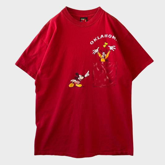 90's Disney  Oklahoma ミッキー グーフィー Tシャツ 赤(M相当)/C3481T-SO