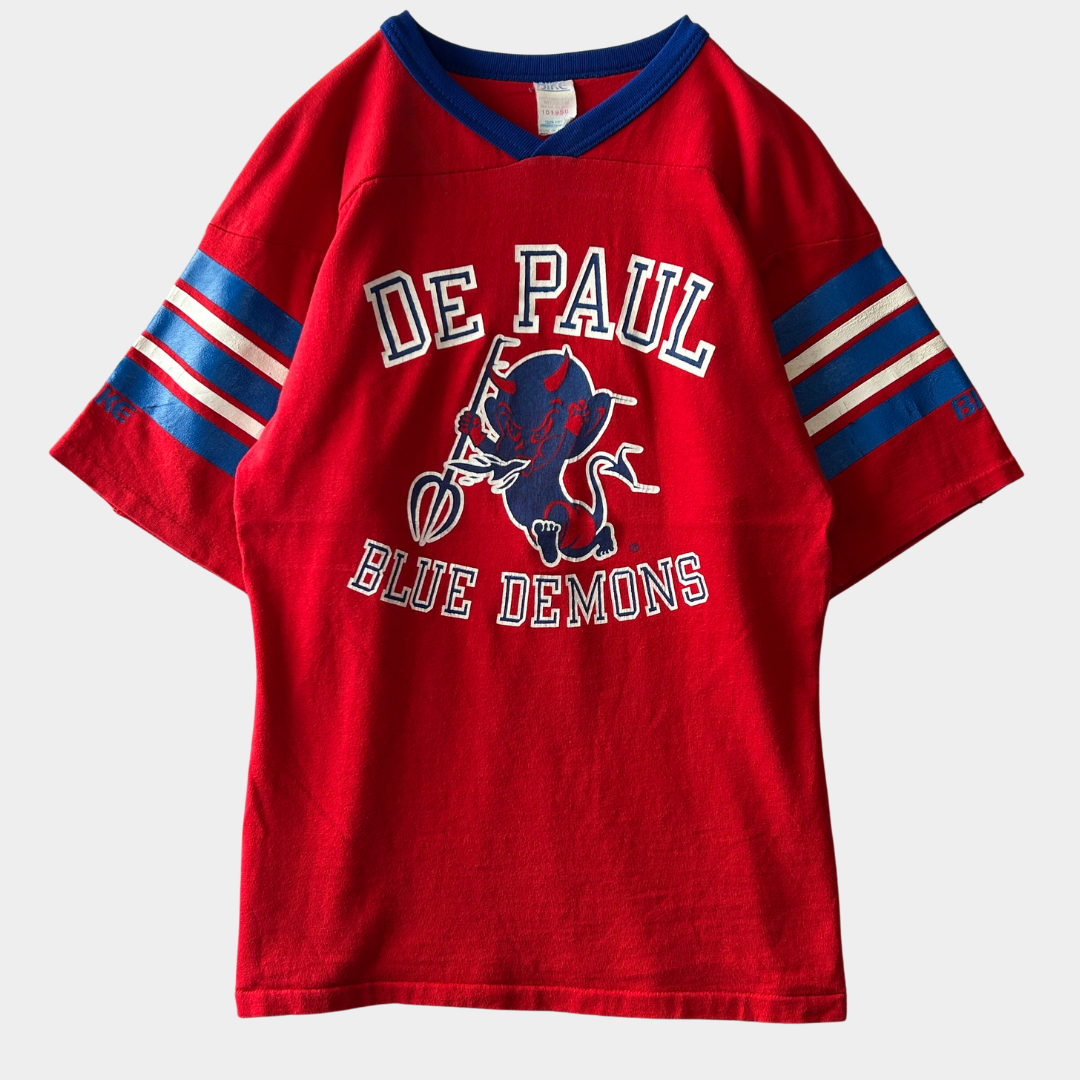 80's BIKE フットボールTシャツ De Paul Blue Demons コットン100% 赤(M)/A3779T-SO