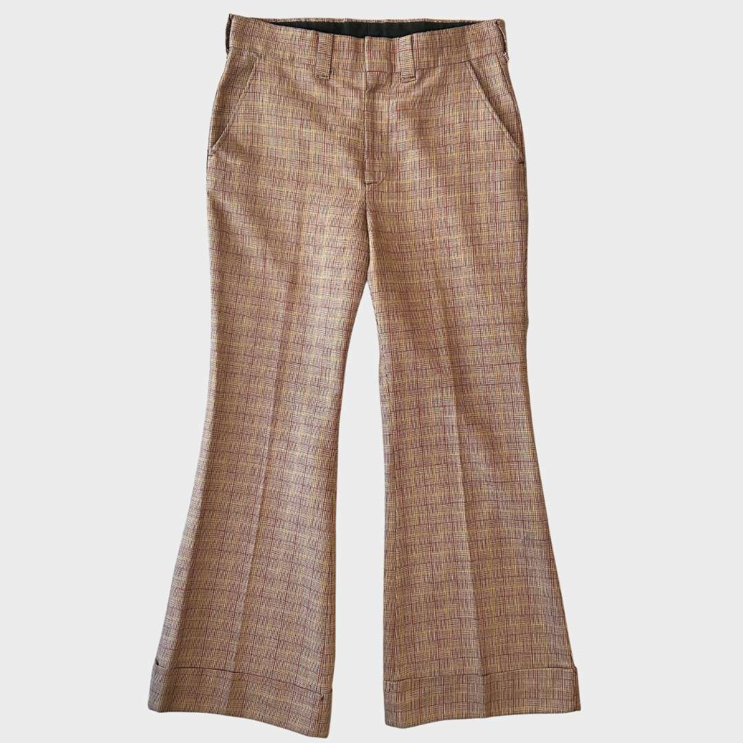 80's チェック柄 フレアスラックス ベルボトム  赤系 (サイズ不明) /B0393P-SO