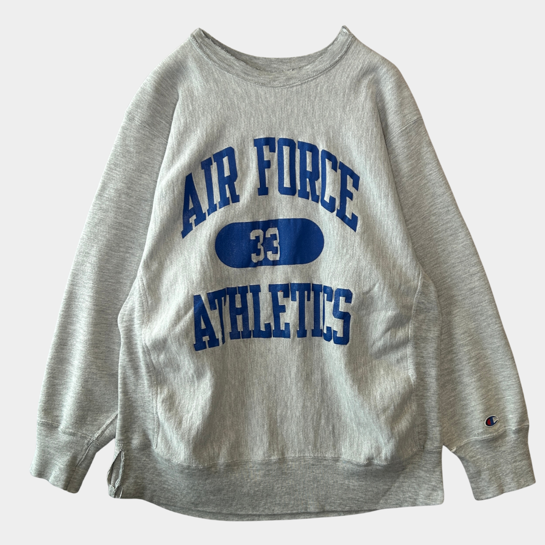 80's Champion リバースウィーブ AIR FORCE ATHLETIC カプセル３段プリント スウェット ミリタリー(XL)/C0268R-SO