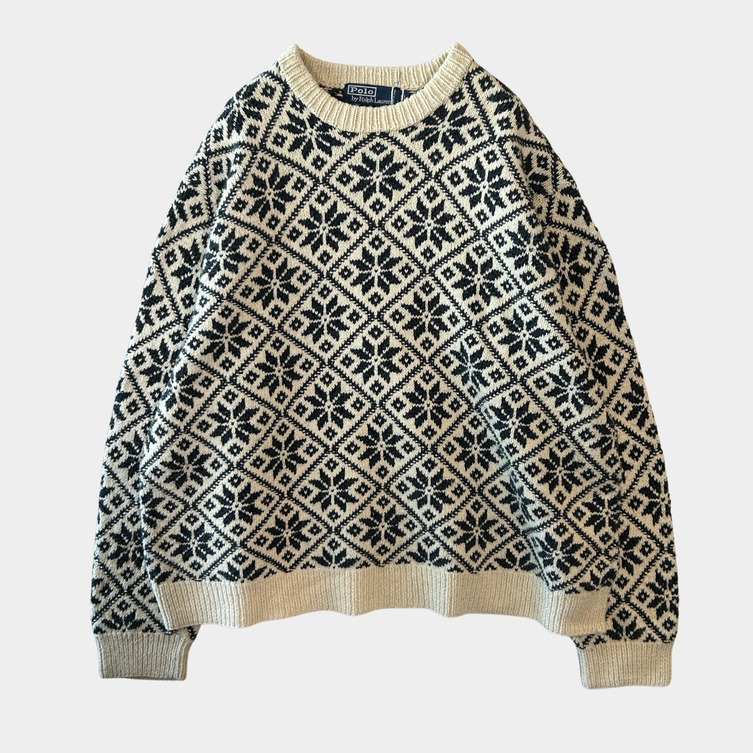 Polo ラルフローレン"HAND KNIT" ノルディック柄 コットン/リネン ニット 白紺(XL)/B3075K-SO