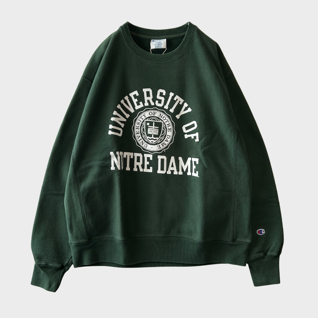 Champion Reverse Weave US企画 リバースウィーブ NOTRE DAME カレッジスウェット 深緑 (L) /B4128R-SO