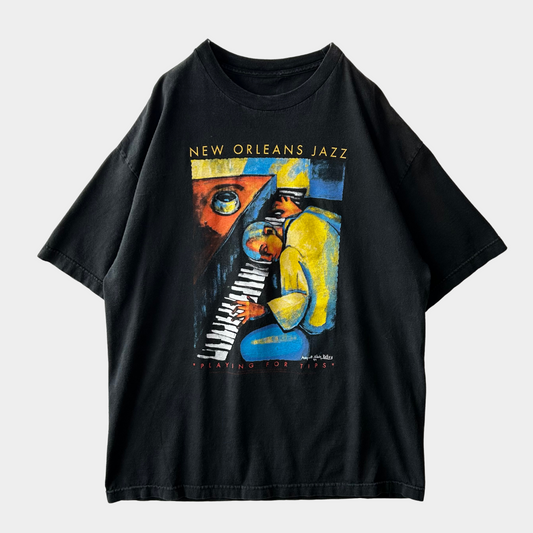 90's "PLAYING FOR TIPS" by Margaret Slade Kelley アートTシャツ JAZZ 黒/B2284T-SO