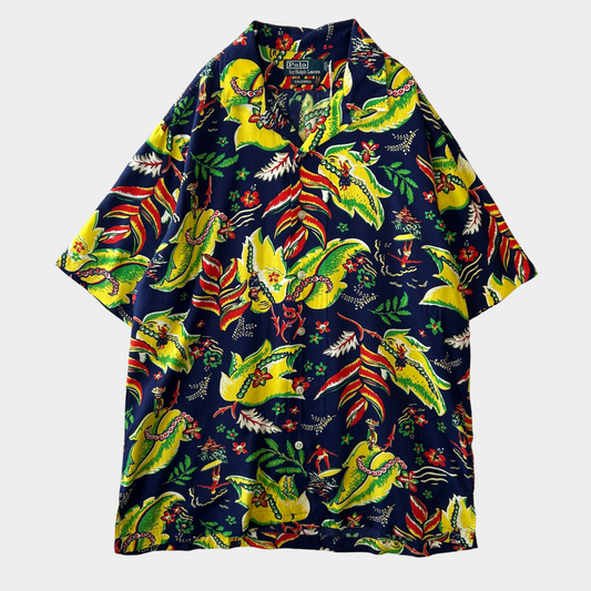 90's Polo by Ralph Lauren ラルフ CALDWELL アロハシャツ オープンカラー 紺(M)/A7418SH-SO
