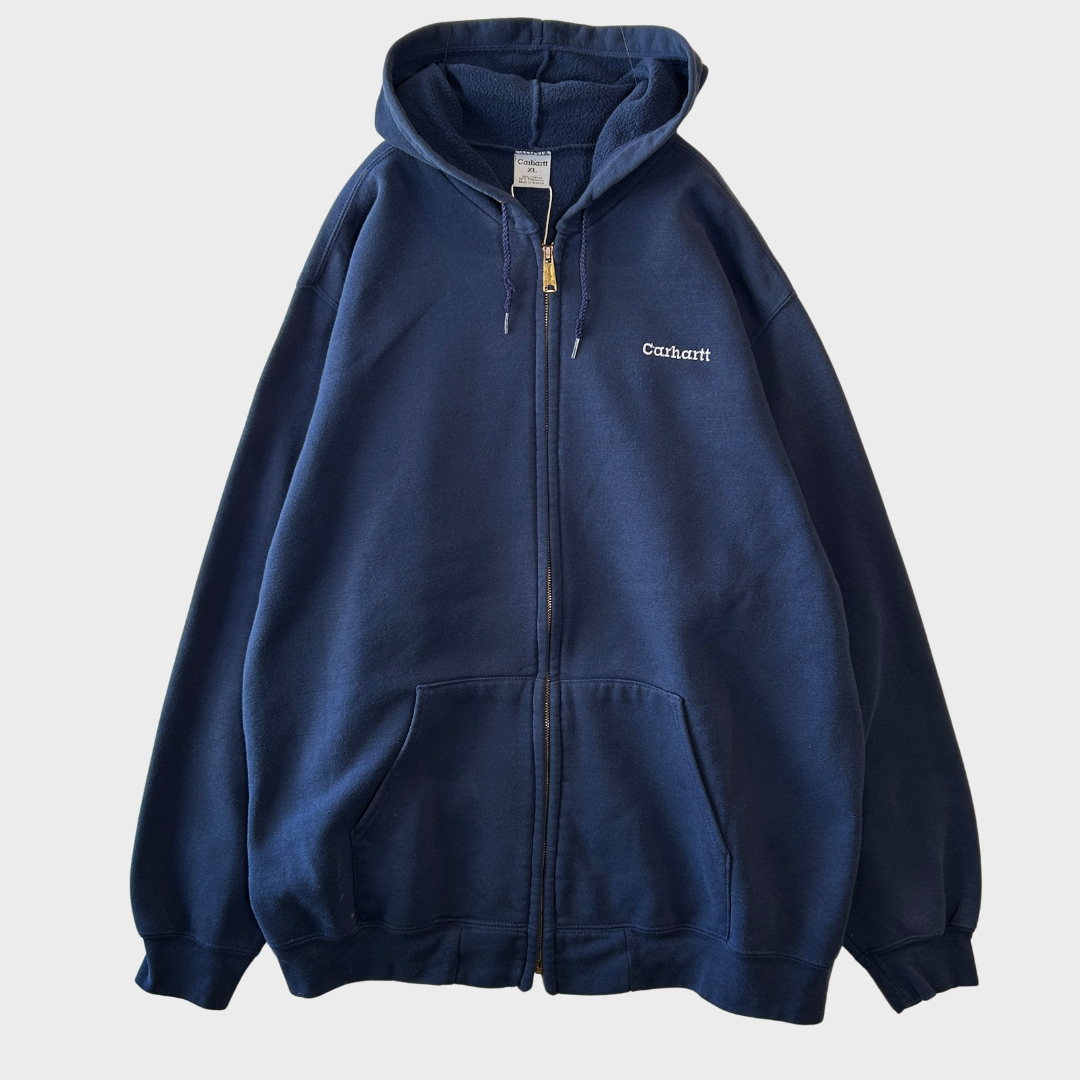 90-00's Carhartt カーハート スクリプトロゴ刺繍 フルジップパーカーネイビー(XL)/B3026S-SO