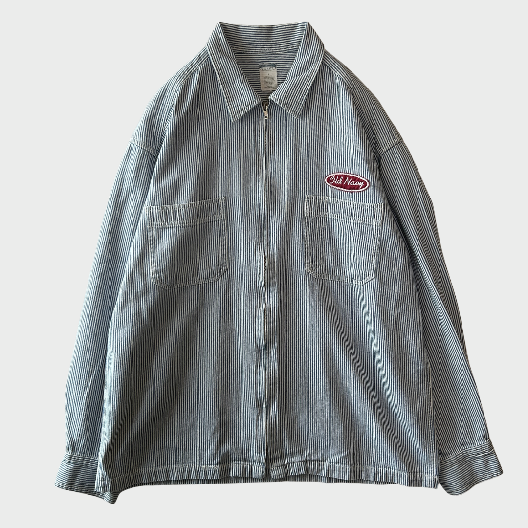 90's~ OLD NAVY ヒッコリーストライプ フルジップシャツジャケット 青白 (L)/B4133O-SO