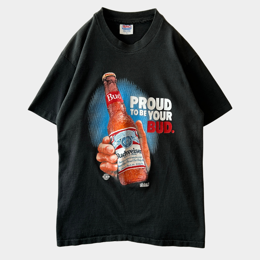 90's BUDWEISER バドワイザー アドバタイジングTシャツ 企業Tシャツ 黒(L)/C0992T-SO
