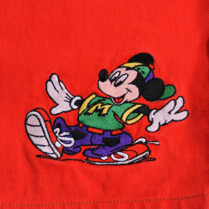 90's DISNEY Mickey 刺繍 デニムハーフパンツ 赤 (34)/A3123P-SO